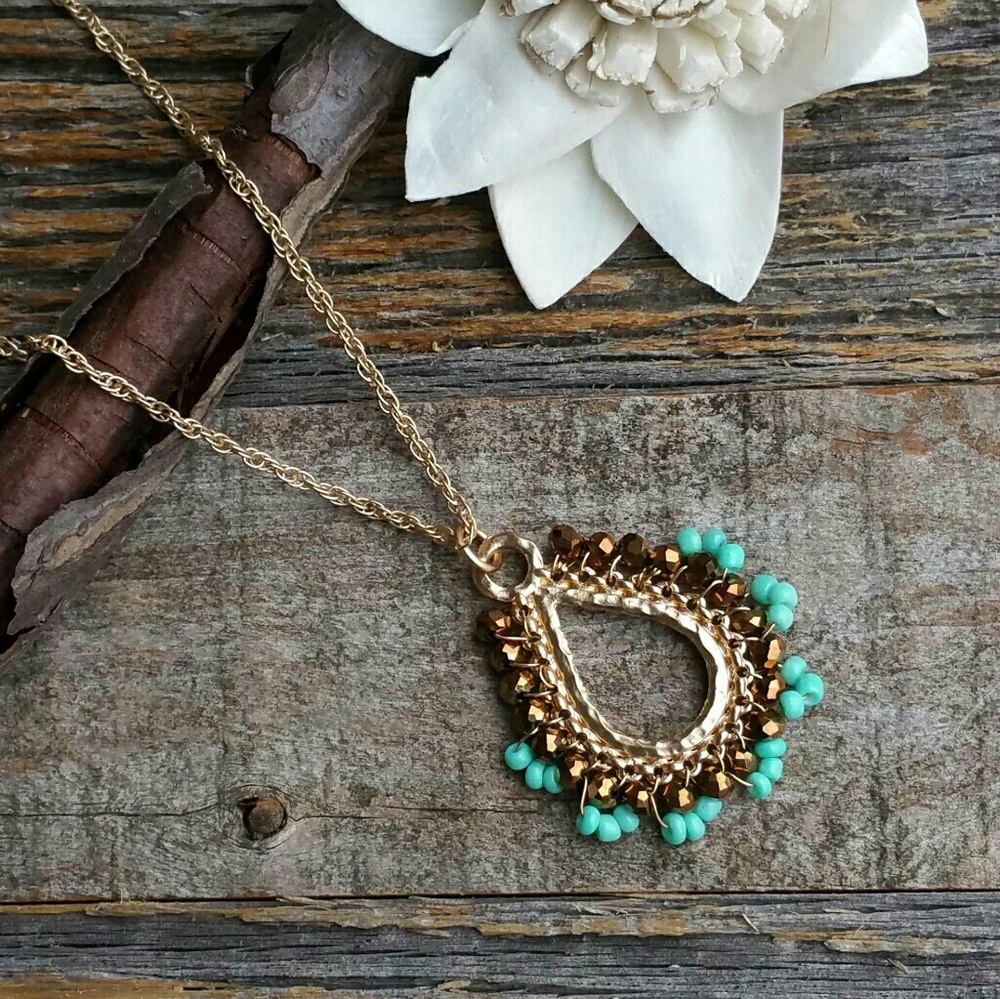 Turquoise & Brown Tear Drop Beaded Necklace